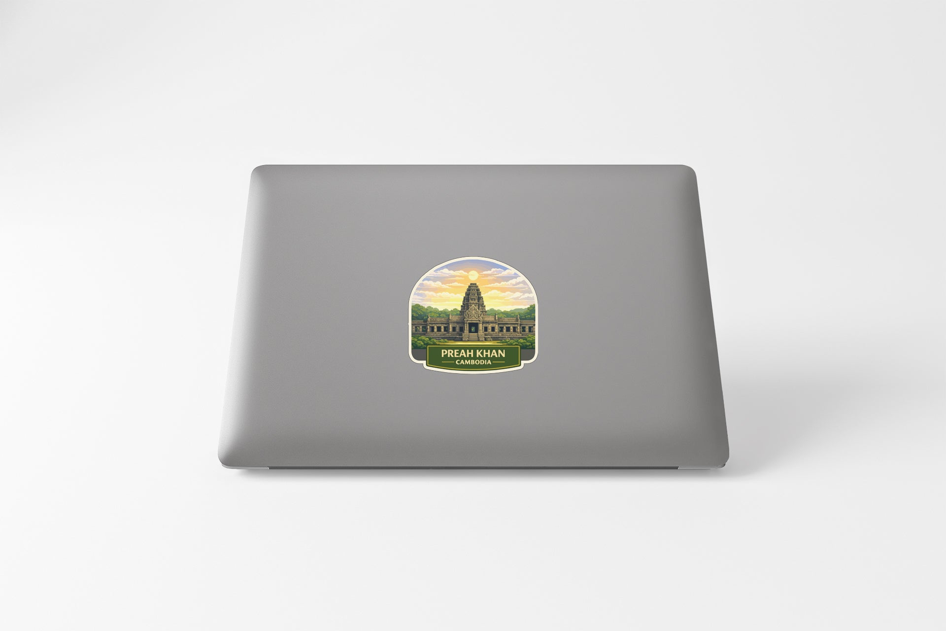 a sticker or label with a picture of a temple or building, along with some text.