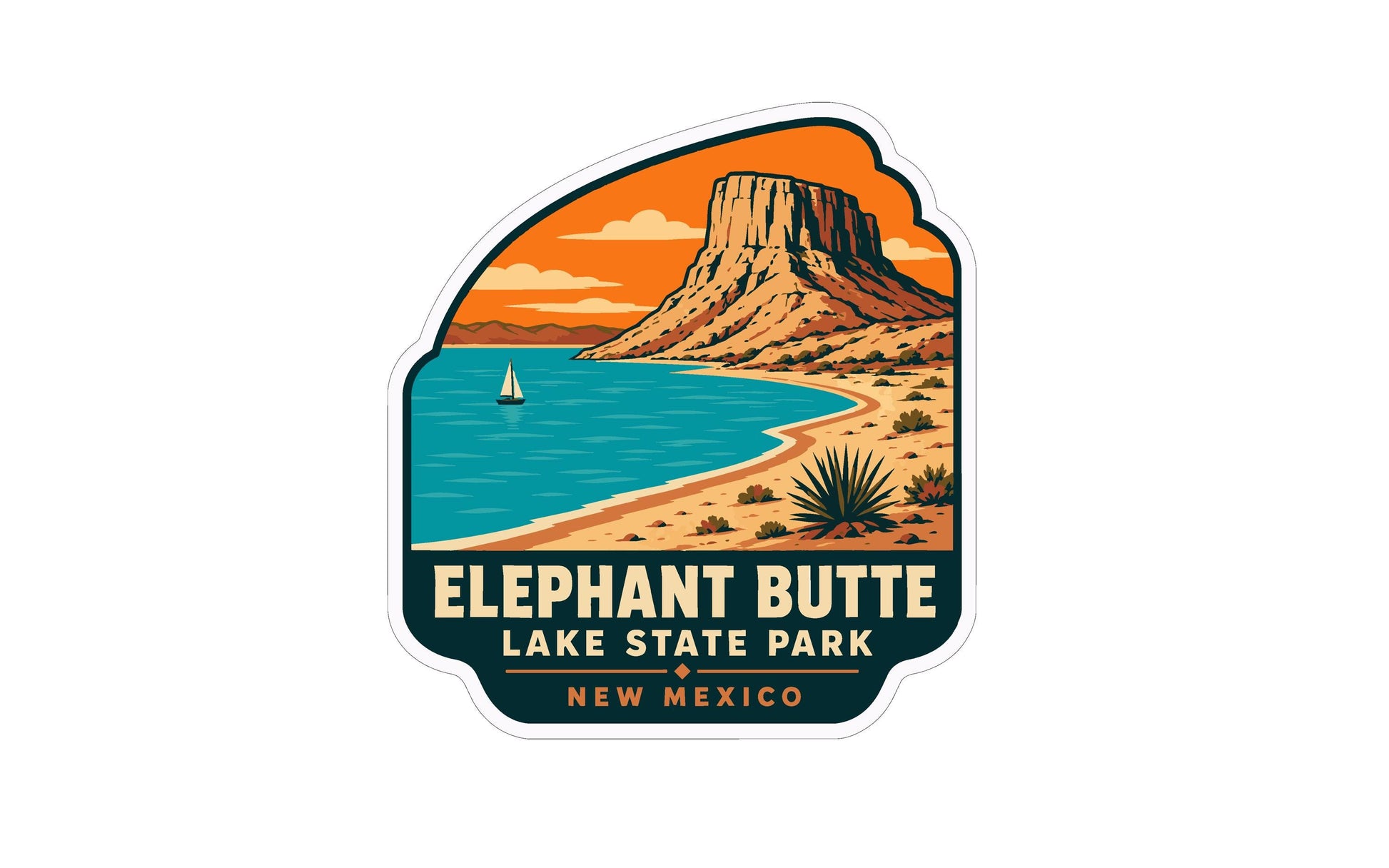 a sticker or logo for Elephant Butte Lake State Park in New Mexico. The design includes a mountain, a lake, and a sailboat, with the text "Elephant Butte Lake State Park New Mexico" prominently displayed.