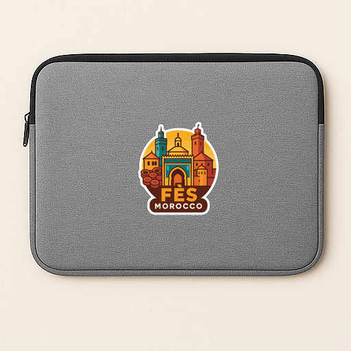 a gray laptop sleeve with a sticker of a cityscape and the text "FES Morocco" printed on it.