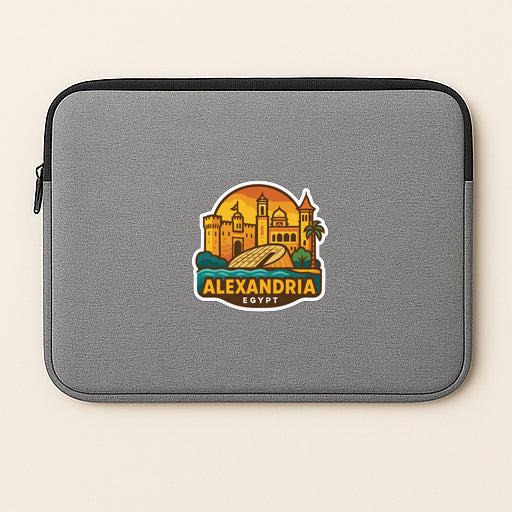 a gray laptop sleeve with a sticker depicting the city of Alexandria, Egypt.
