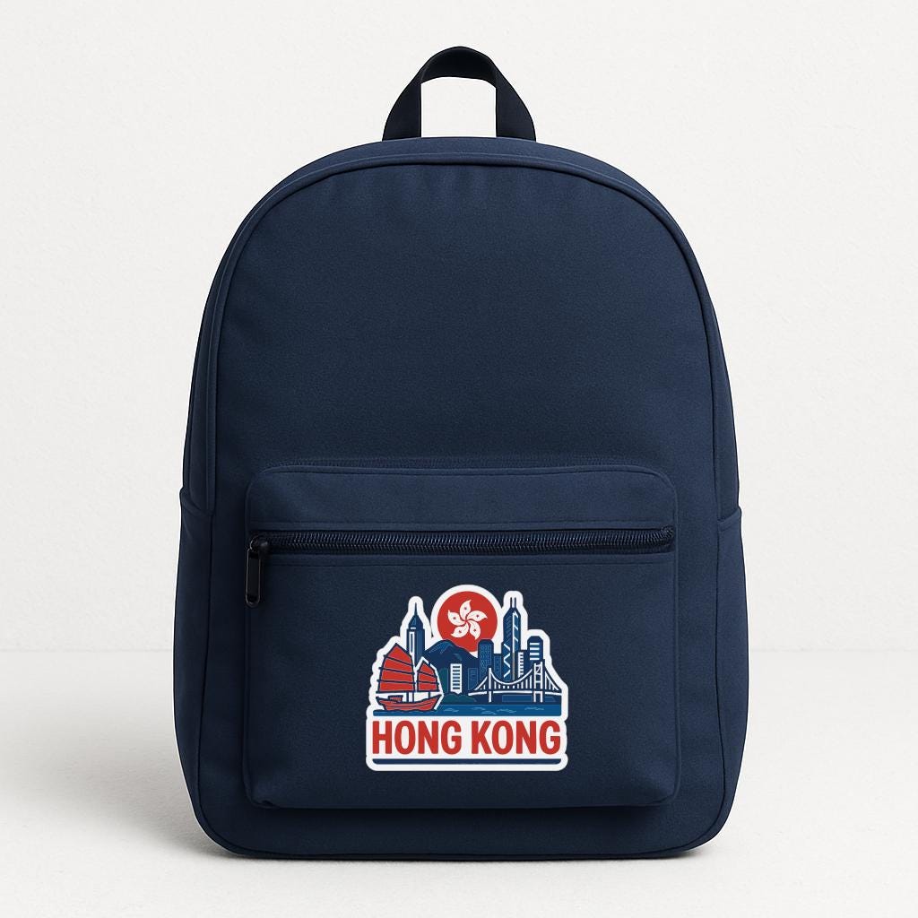 A navy blue backpack with a Hong Kong cityscape sticker on the front pocket.