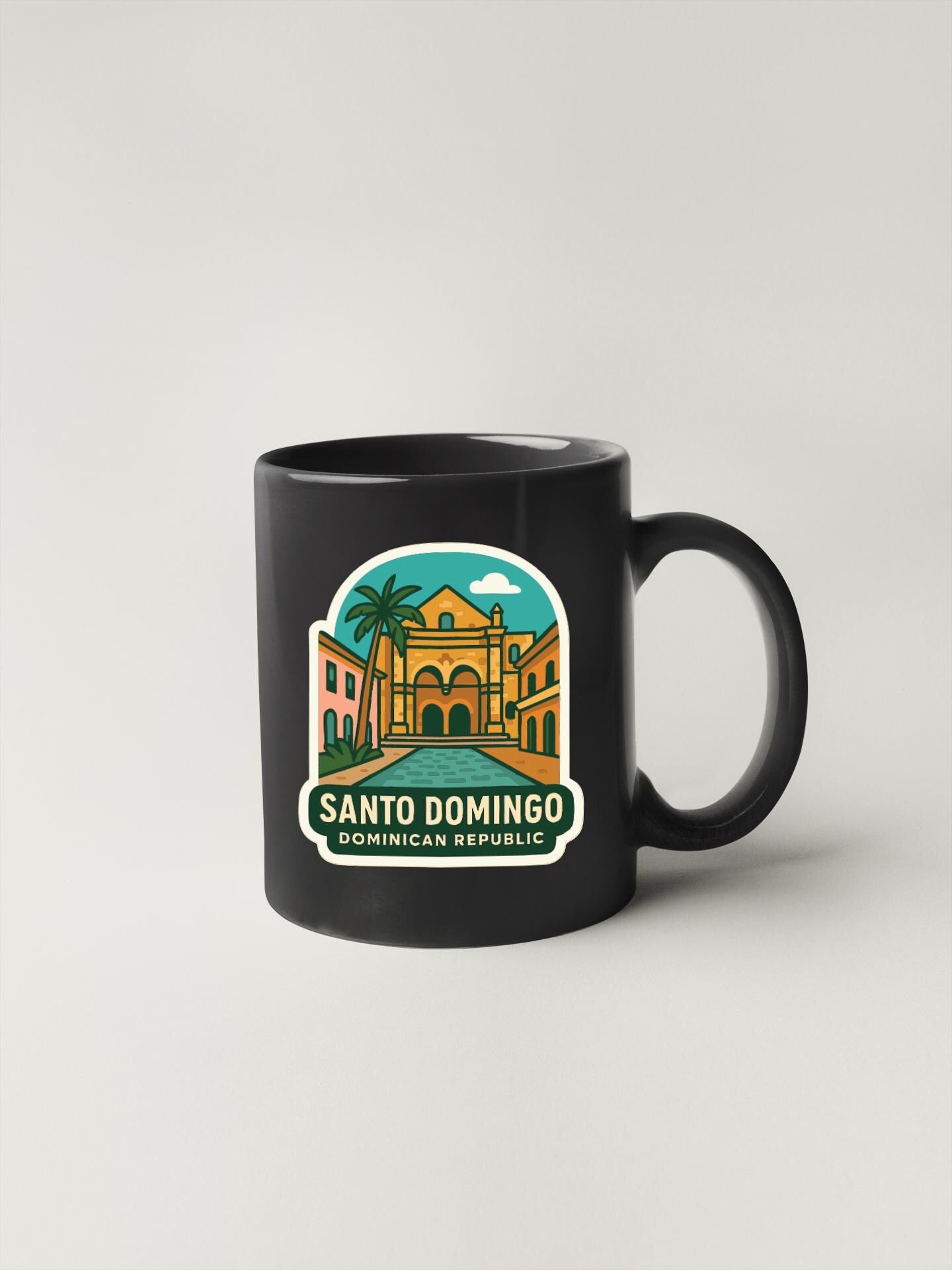 A black coffee mug with a colorful illustration of a building and palm trees, along with the text "SANTO DOMINGO DOMINICAN REPUBLIC".