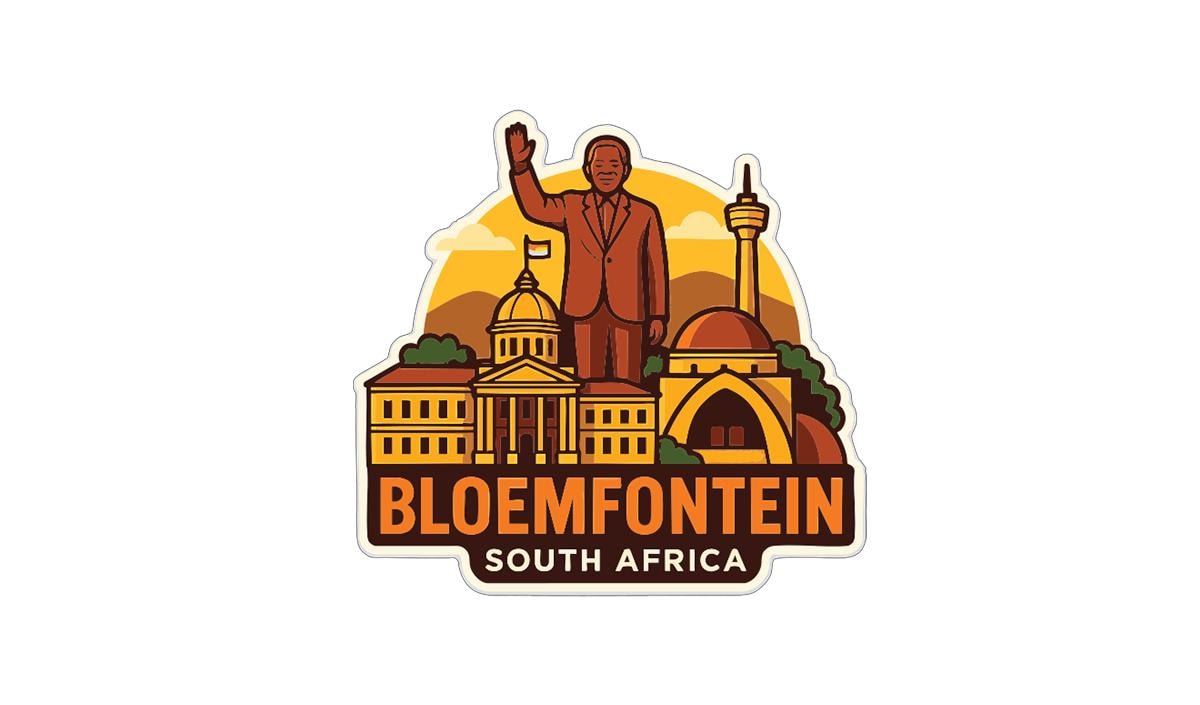 a stylized illustration of Bloemfontein, South Africa, with a man standing in front of various landmarks such as the Bloemfontein Palace and the Bloemfontein Tower.