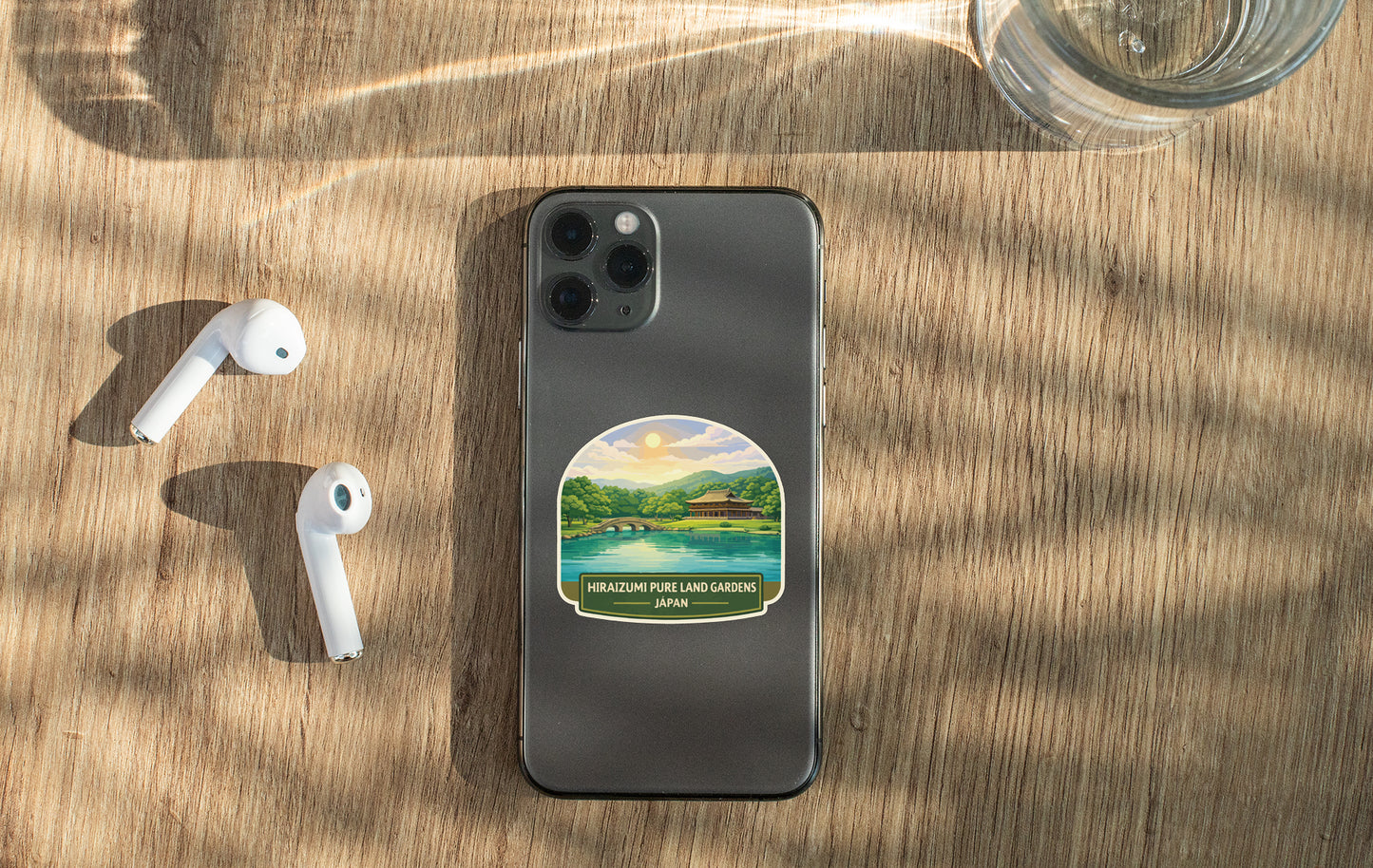 a smartphone with a sticker of a scenic landscape, a pair of white earbuds, and a glass of water on a wooden surface.