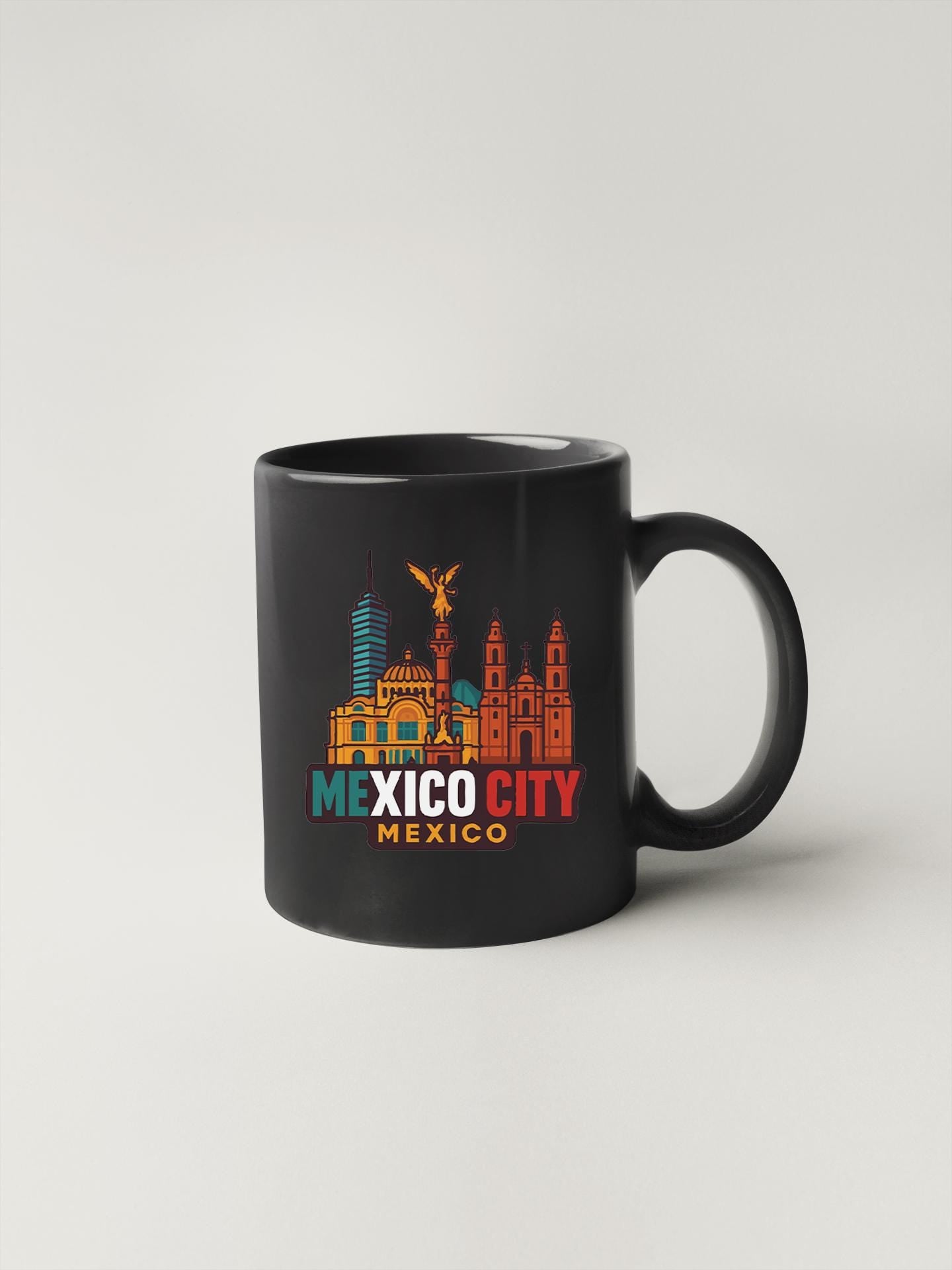 a black coffee mug with a city skyline on it
