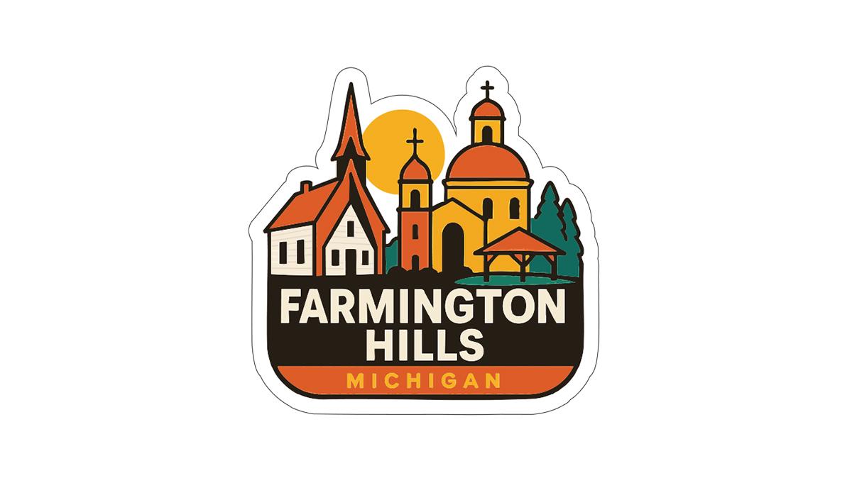 a sticker or logo with a stylized illustration of a town or city, including buildings, trees, and a church. The text "FARMINGTON HILLS MICHIGAN" is prominently displayed, indicating the location or theme of the image.