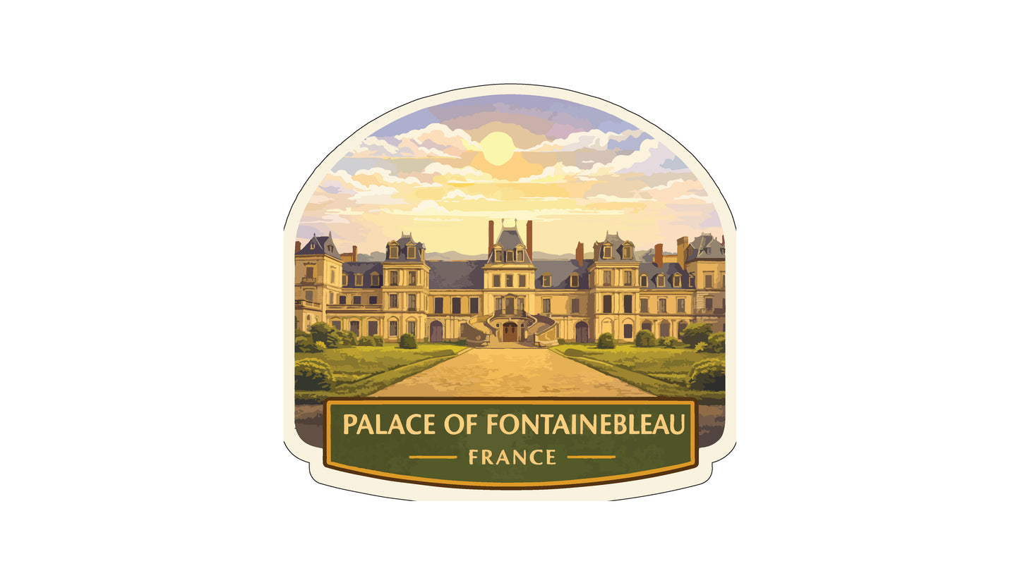a large, ornate palace with multiple towers and domes, set against a backdrop of a cloudy sky with a sun. The palace is surrounded by a well-manicured garden, and the text "Palace of Fontainebleau, France" is prominently displayed.