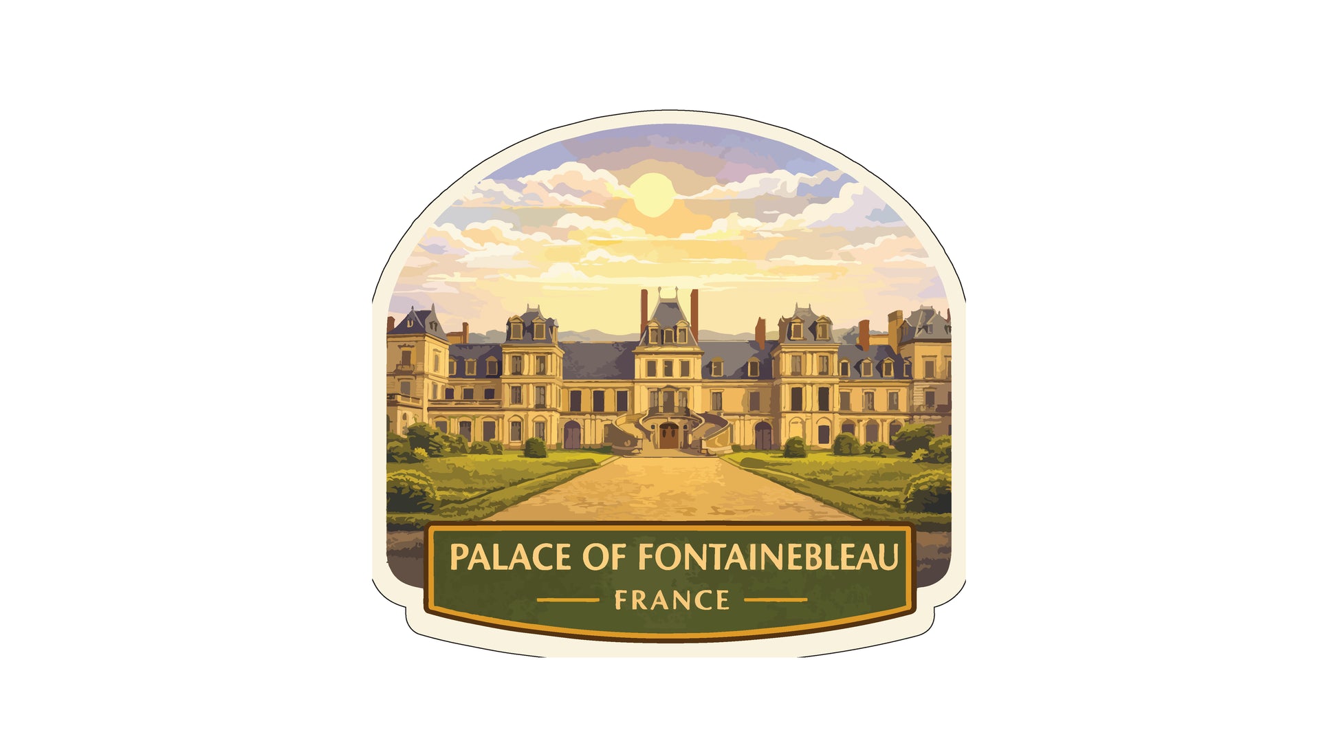 a large, ornate palace with multiple towers and domes, set against a backdrop of a cloudy sky with a sun. The palace is surrounded by a well-manicured garden, and the text "Palace of Fontainebleau, France" is prominently displayed.