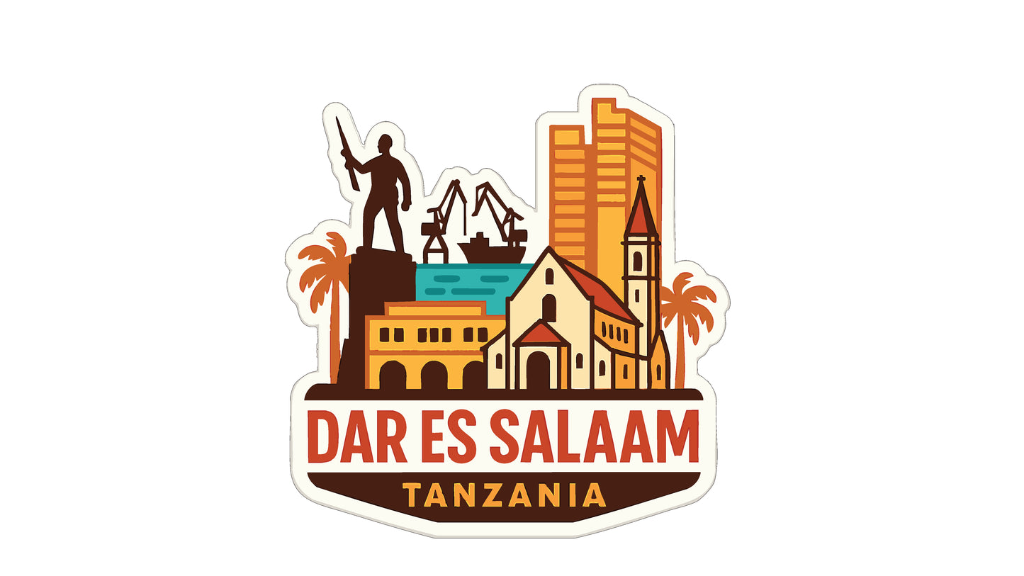 a stylized illustration of the city of Dar es Salaam, Tanzania, with various landmarks and buildings depicted.