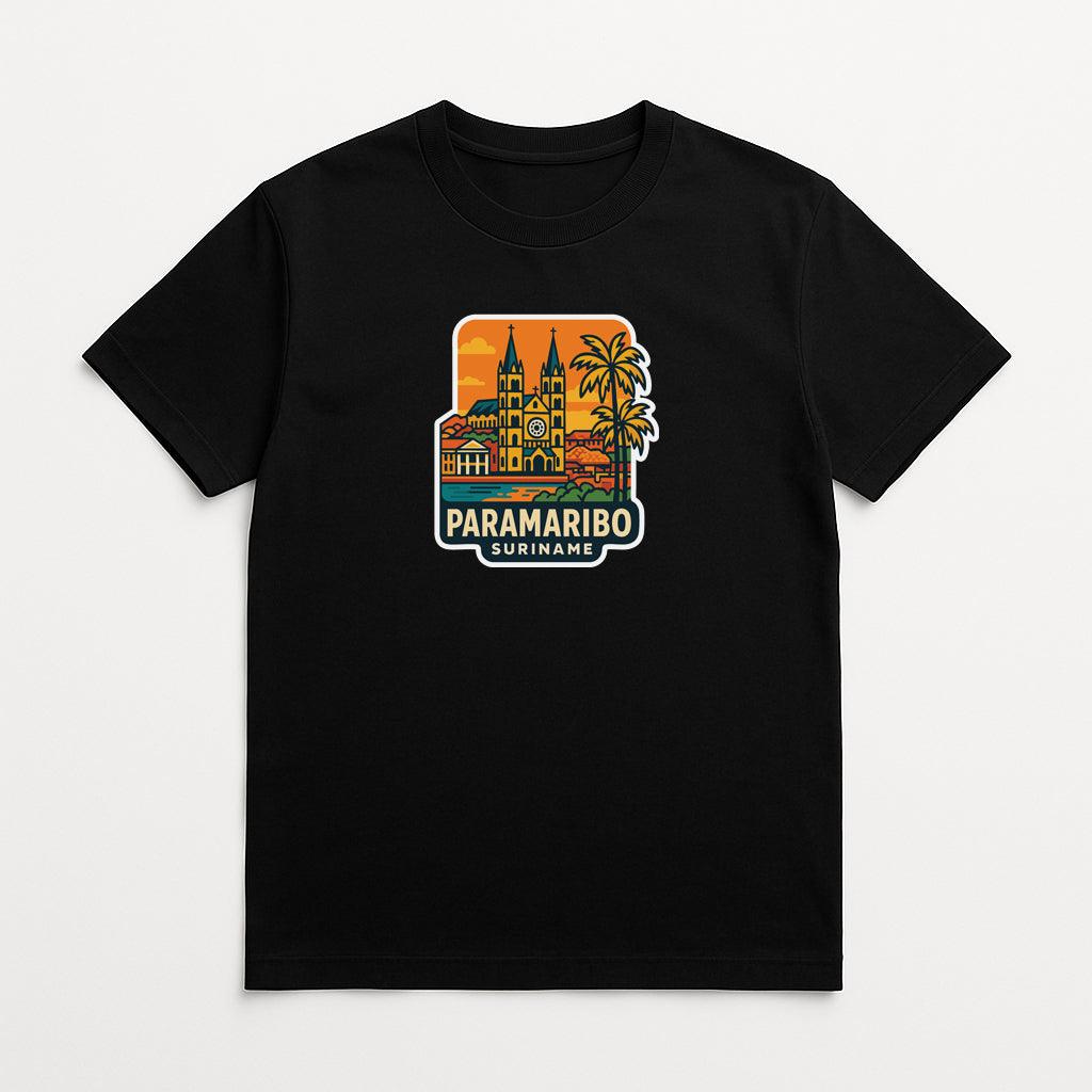A black t-shirt with a graphic design depicting a cityscape with palm trees and a church.