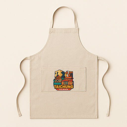 A beige apricot with a colorful graphic of a building and the text "TAICHUNG, Taiwan" printed on it.