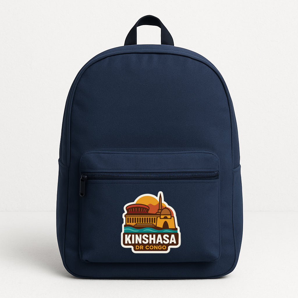 A navy blue backpack with a graphic of a building and the text "KINSHASA DR CONGO" printed on it.