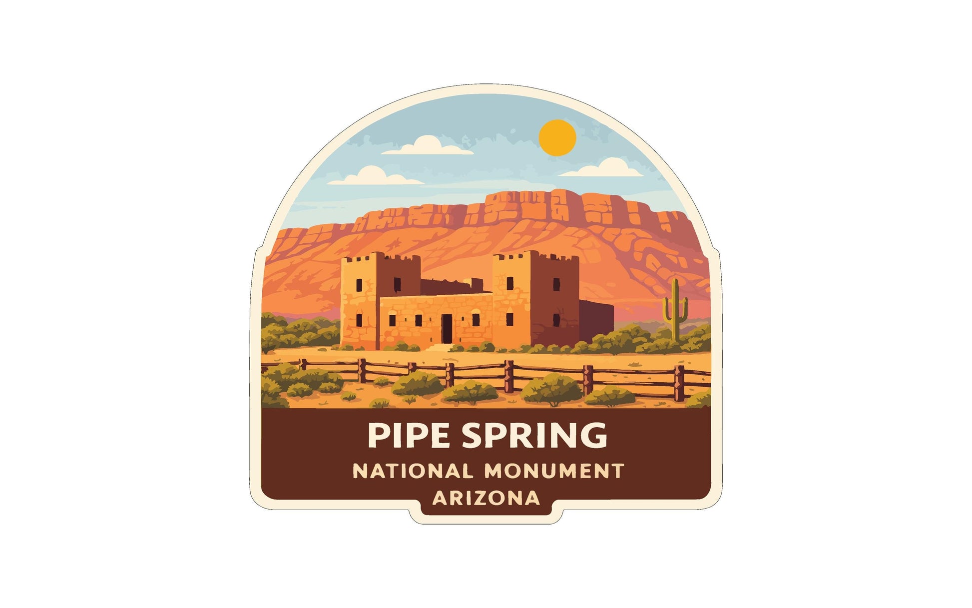 a sticker or label with a desert landscape and a castle-like structure in the background, representing the National Monument in Arizona.