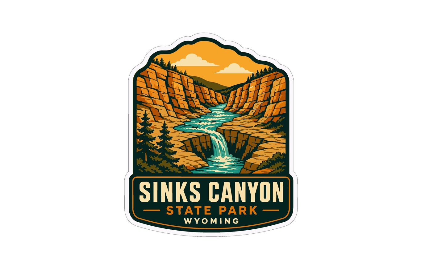 A sticker or emblem featuring a scenic landscape with a waterfall, mountains, and a valley, with the text "SINKS CANYON STATE PARK WYOMING" prominently displayed.