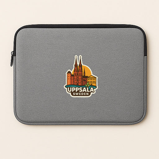 A gray laptop sleeve with a sticker depicting the city of Uppsala, Sweden.