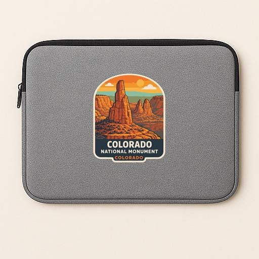 A gray laptop sleeve with a graphic design depicting the Colorado National Monument in Colorado.