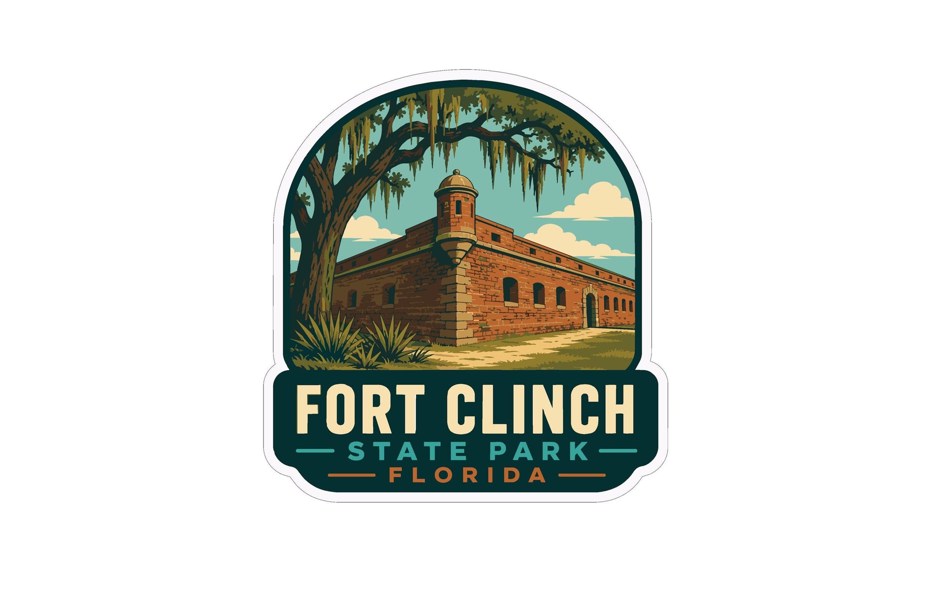 a sticker or emblem with a brick building and a tree, representing Fort Clinch State Park in Florida.