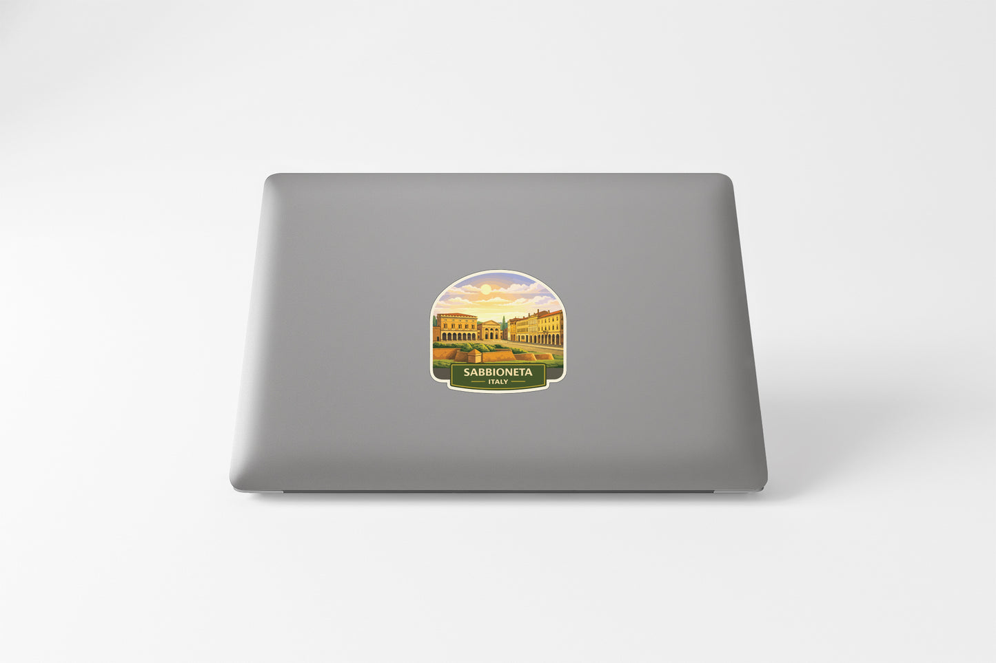 a sticker with a picture of a building, likely representing the city of S�picontina, Italy.