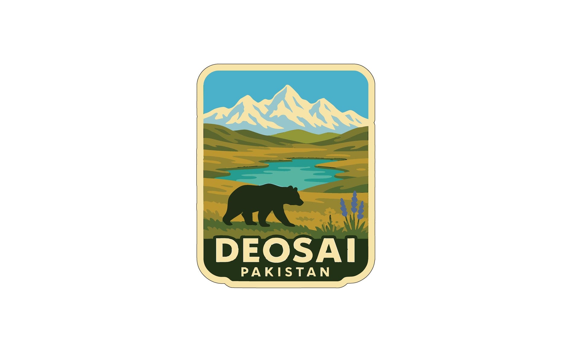 A sticker or label featuring a bear walking in a mountainous landscape with snow-capped peaks in the background.