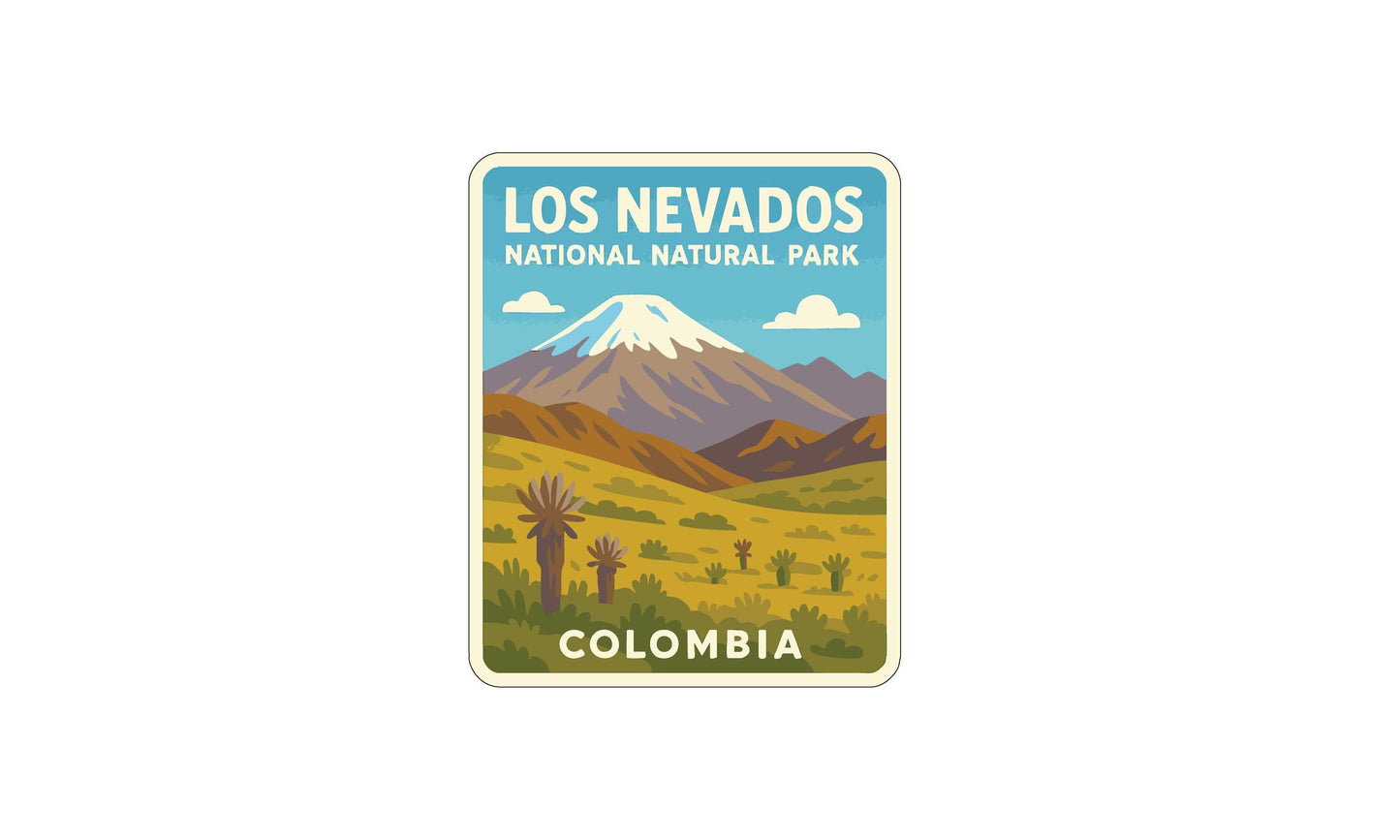 a colorful illustration of a natural landscape with mountains, a snow-capped peak, and a tropical setting.
