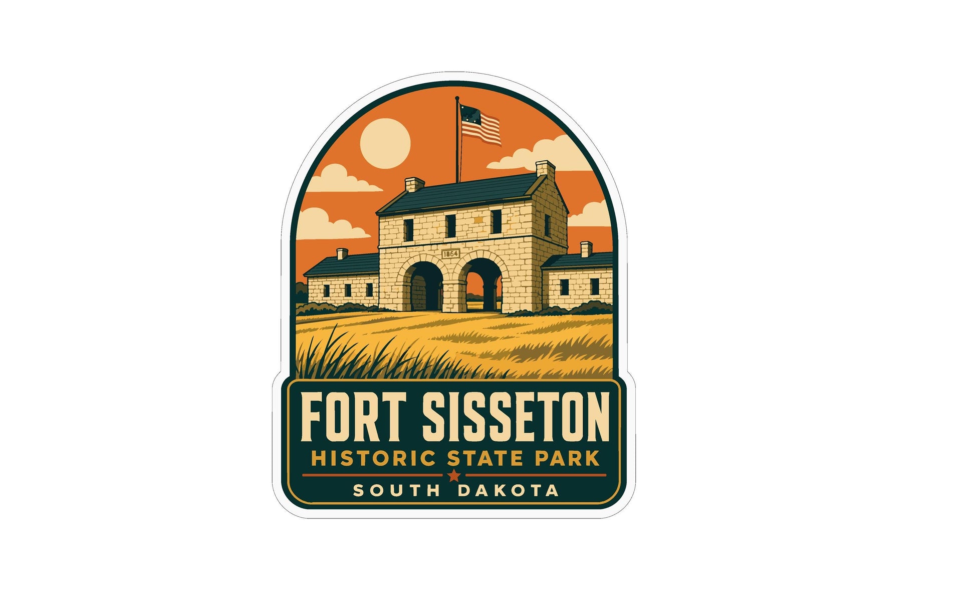 a sticker or emblem with a stylized illustration of a historic building, likely Fort Sisset, set against a backdrop of a field and a sky with clouds.