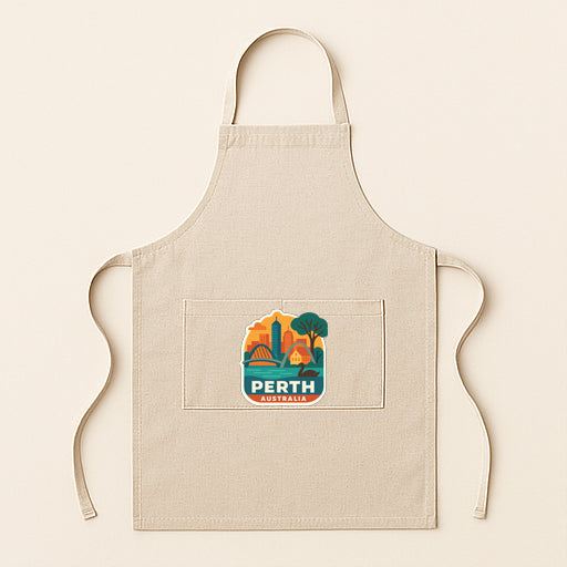 A beige apricot with a graphic of a city skyline and the text "Perth, Australia" printed on it.