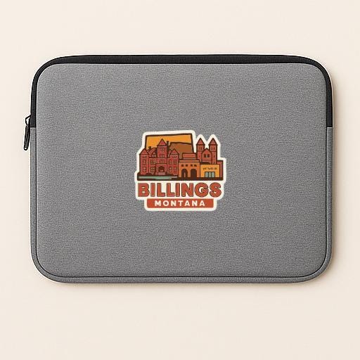 a gray laptop sleeve with a sticker depicting a cityscape and the text "BILLINGS MONTANA".
