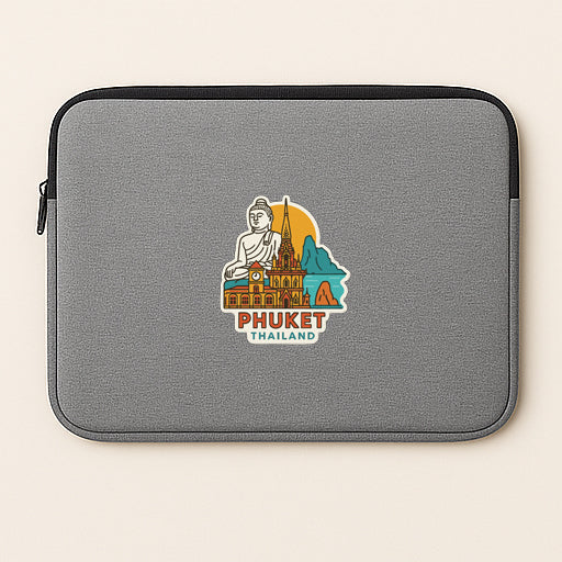 A gray laptop sleeve with a graphic design depicting a Buddha statue and various landmarks, including a temple and mountains, along with the text "PHUKET THAILAND".
