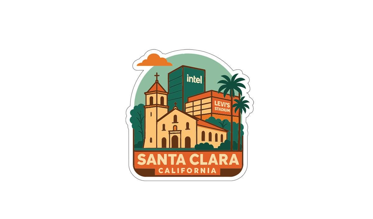 a sticker or emblem depicting Santa Clara, California, with a church, palm trees, and a building labeled "Intel".