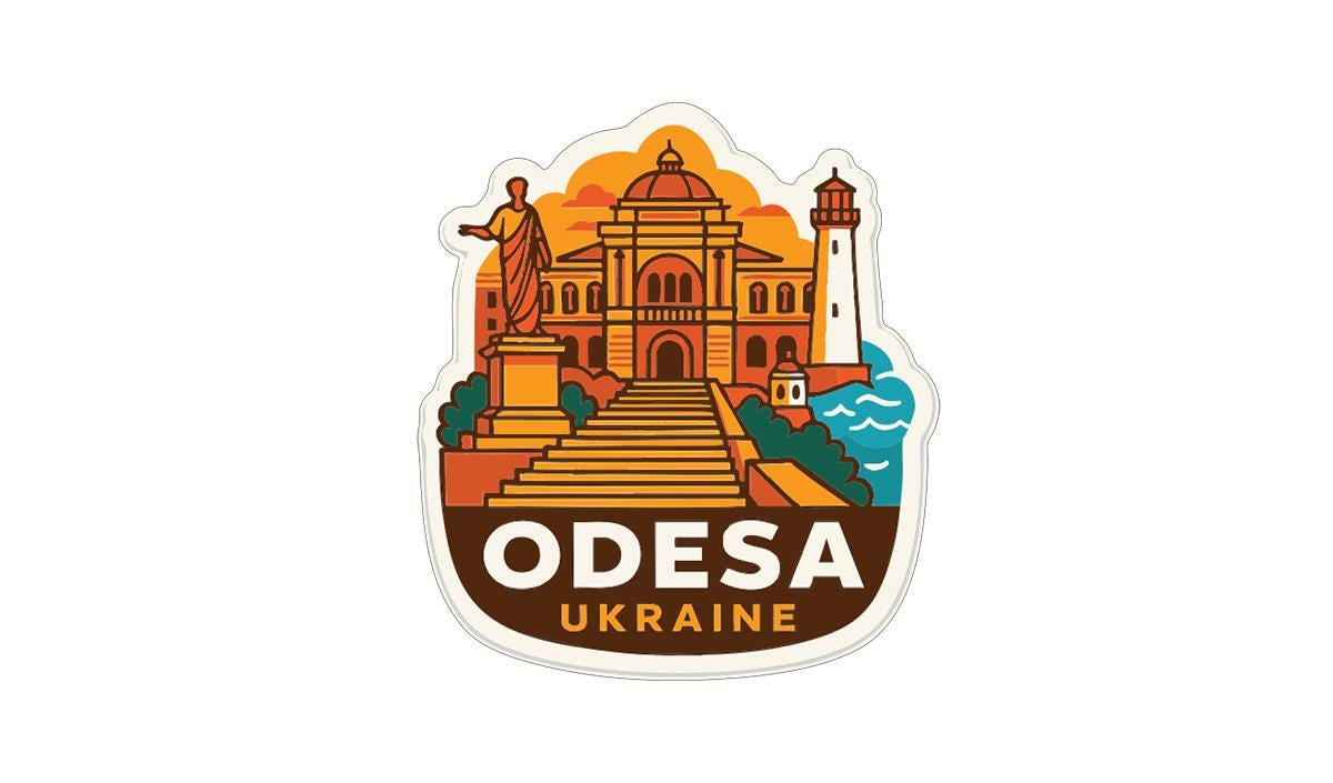 a sticker or emblem with a stylized illustration of a landmark, likely a building or monument, surrounded by a staircase and a lighthouse. The text "ODESA UKRAINE" is prominently displayed, indicating the location or country of the landmark.