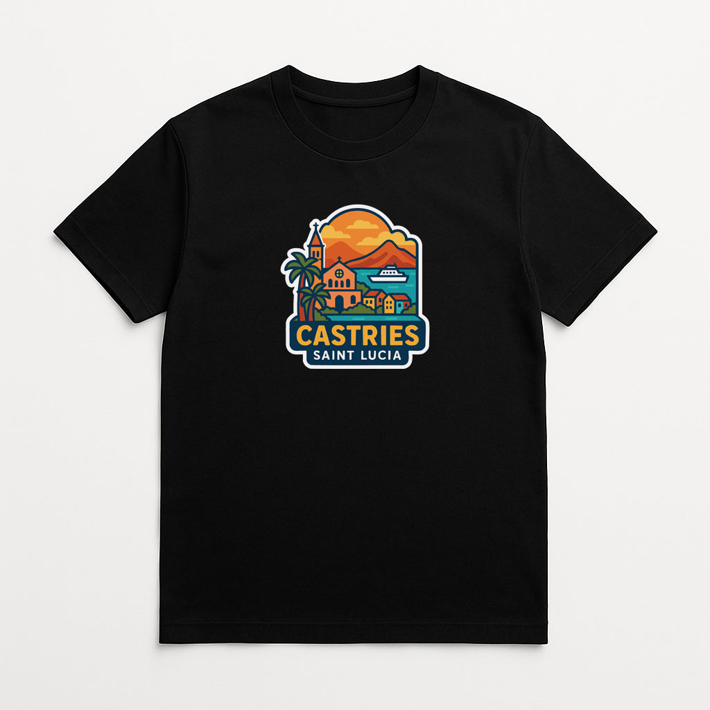 A black t-shirt with a colorful graphic design depicting a tropical island landscape with palm trees, buildings, and a sunset.