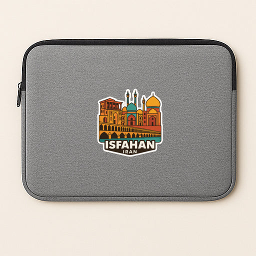 A gray laptop sleeve with a colorful illustration of a city skyline and the text "ISFAHAN IRAN" printed on it.