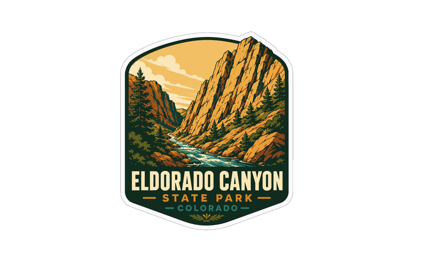 A sticker or emblem featuring a scenic landscape with mountains, a river, and pine trees, with the text "ELDORADO CANYON STATE PARK COLORADO" prominently displayed.