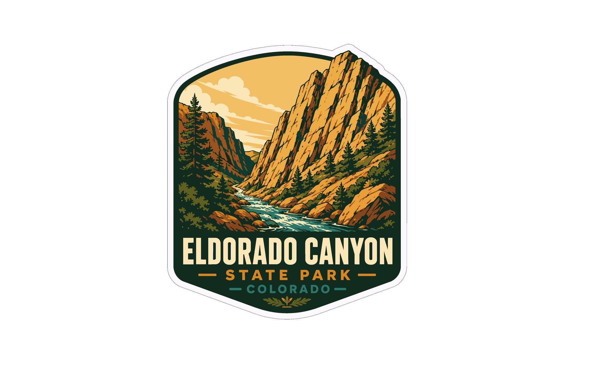 A sticker or emblem featuring a scenic landscape with mountains, a river, and pine trees, with the text "ELDORADO CANYON STATE PARK COLORADO" prominently displayed.