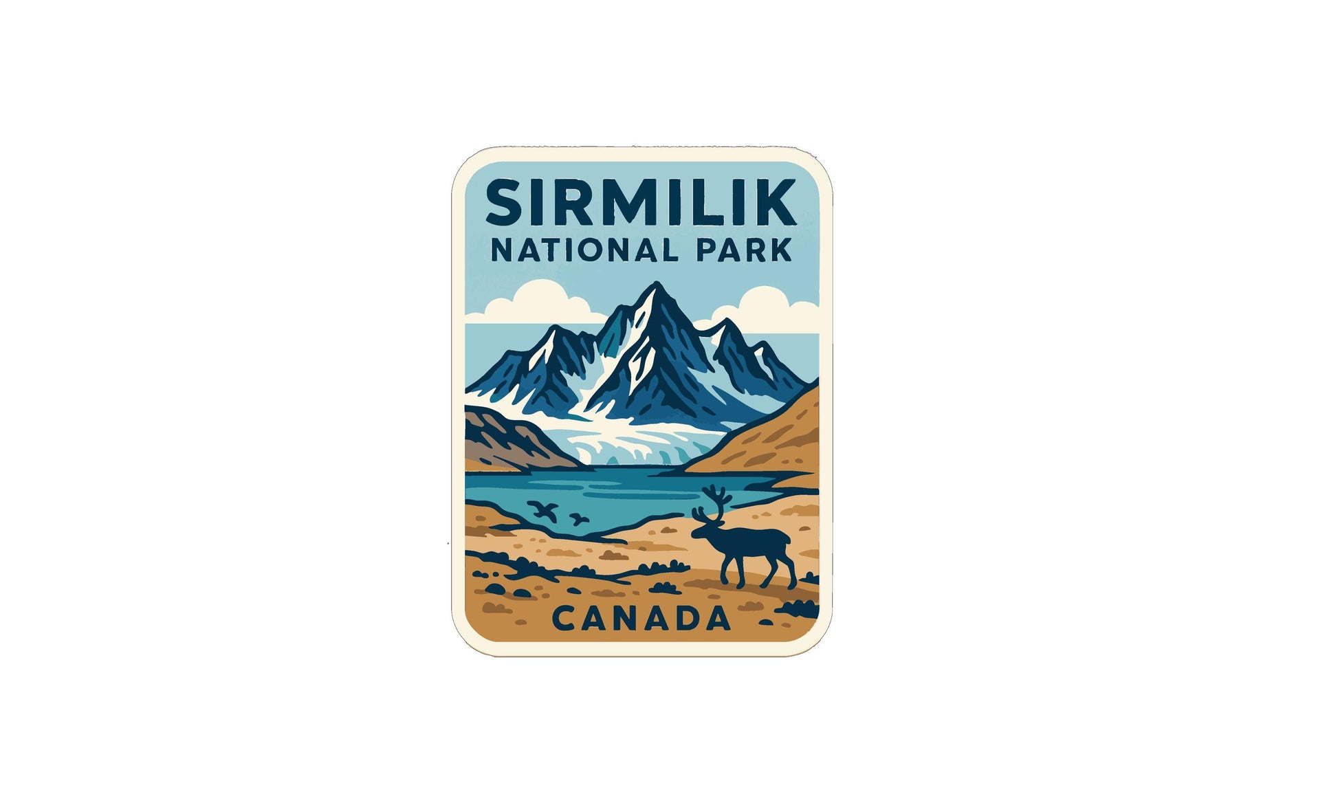 a sticker or emblem with a mountain landscape and a moose, representing Sirmilik National Park in Canada.