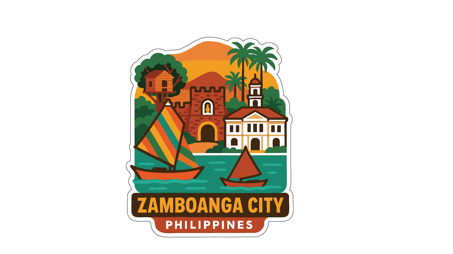 The image is a sticker or illustration depicting various landmarks and elements associated with the city of Zamboanga City, Philippines.
