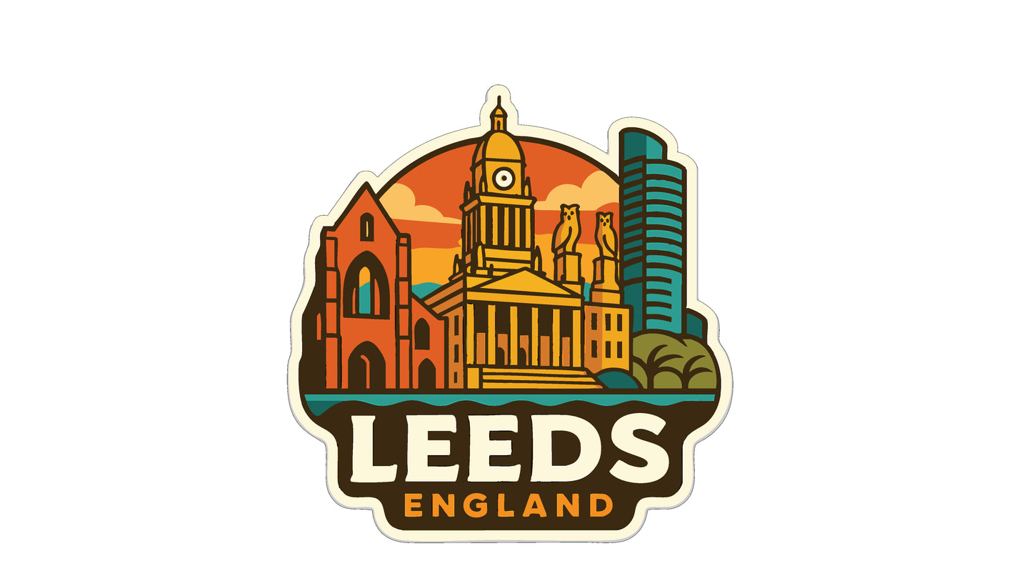 A stylized sticker or emblem featuring the skyline of Leeds, England, with various landmarks and buildings depicted in a colorful, cartoon-like style.