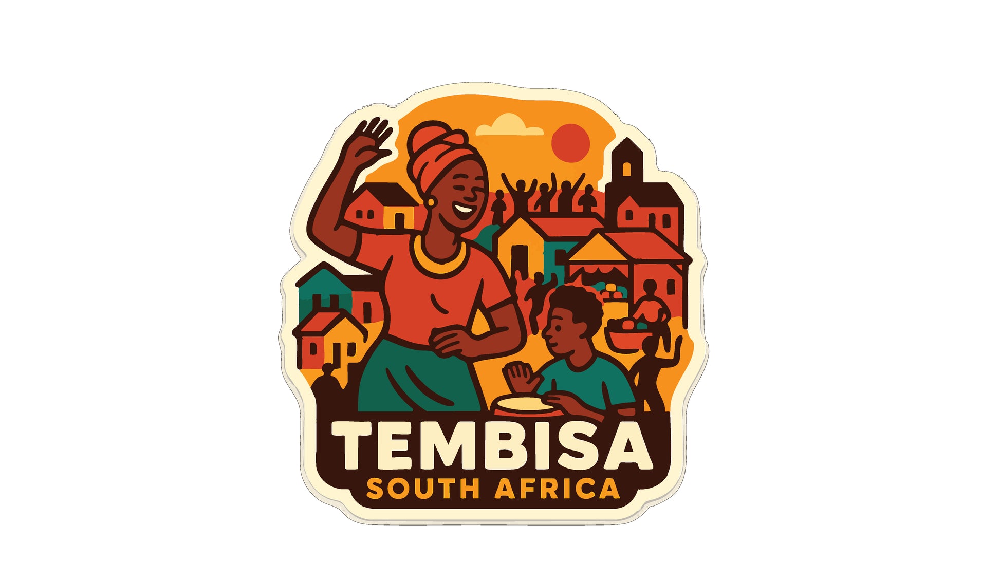 a woman waving at the viewer, with a colorful illustration of a town in the background. The text "TEMBISA SOUTH AFRICA" is prominently displayed, indicating the location or theme of the image.