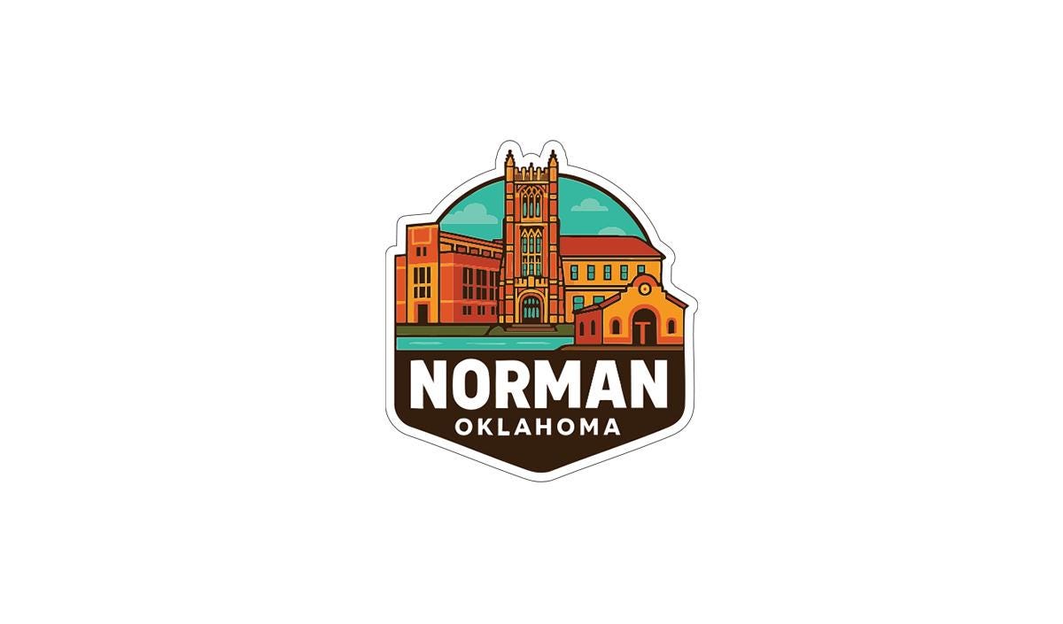 a stylized illustration of a cityscape with a prominent building, likely representing the Norman, Oklahoma area.