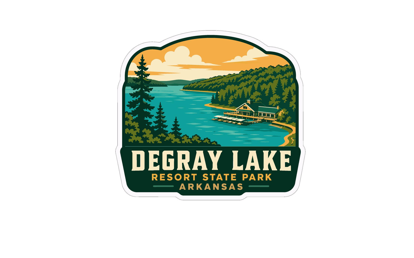 A sticker or logo depicting a scenic lake surrounded by trees and mountains, with a cabin or lodge in the background. The text "Degray Lake Resort State Park Arkansas" is prominently displayed, indicating the location of the resort.