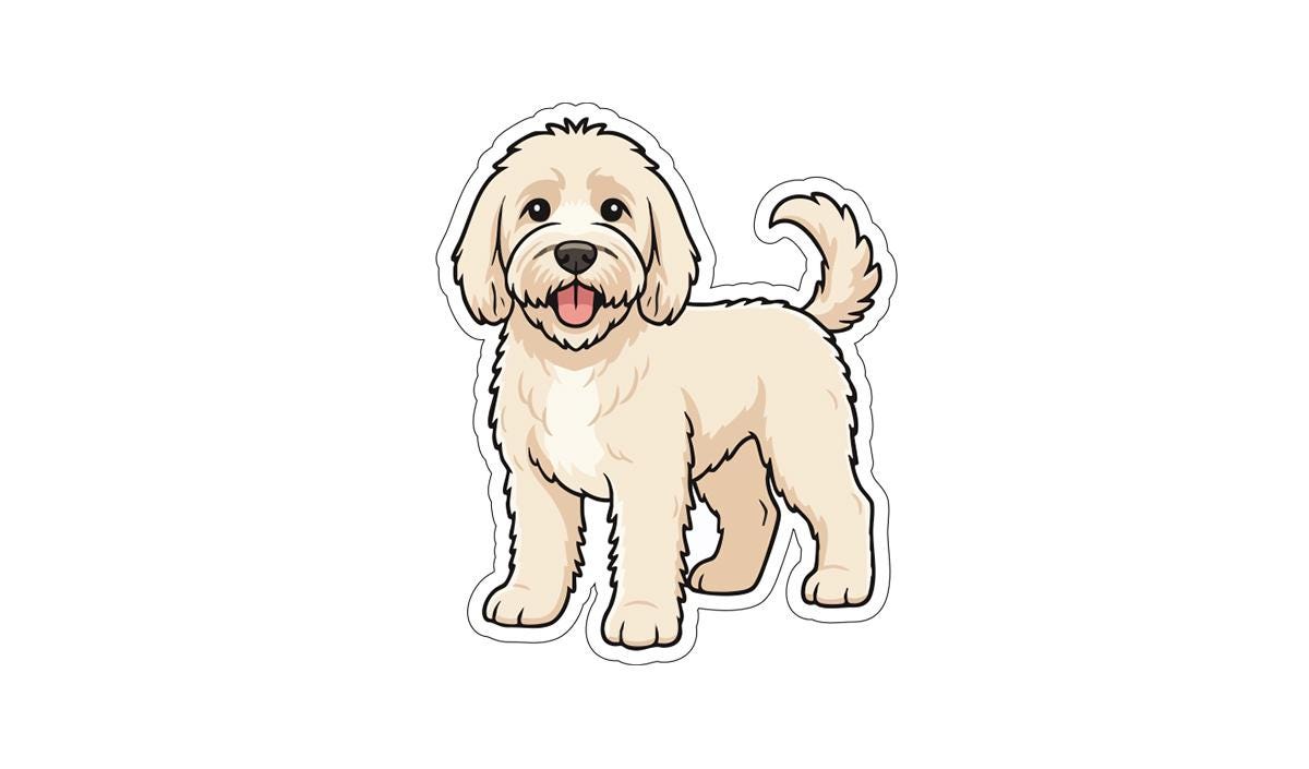A cartoon illustration of a dog with a friendly expression.
