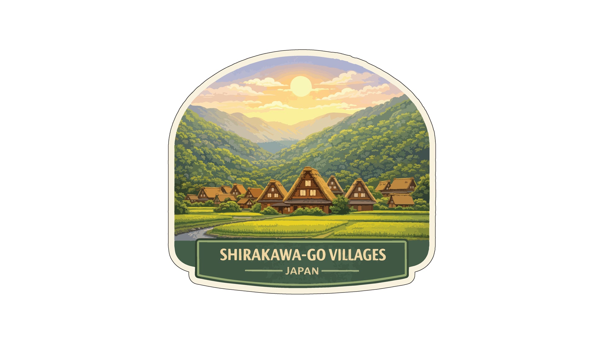 A sticker depicting a scenic village in Japan with traditional Japanese houses surrounded by lush green hills and mountains, with a bright sun in the sky.