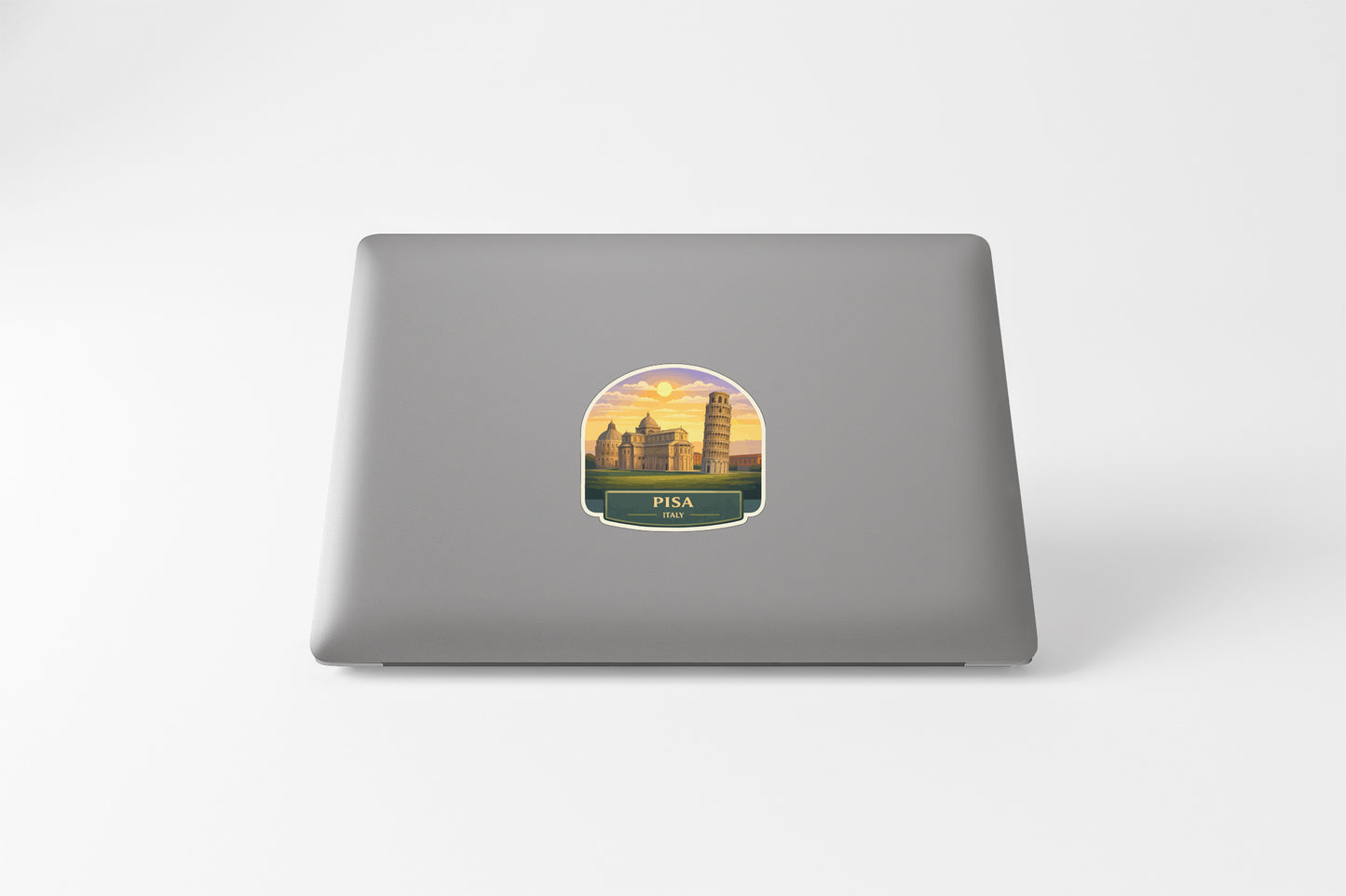 A sticker depicting the Leaning Tower of Pisa, a famous landmark in Italy.