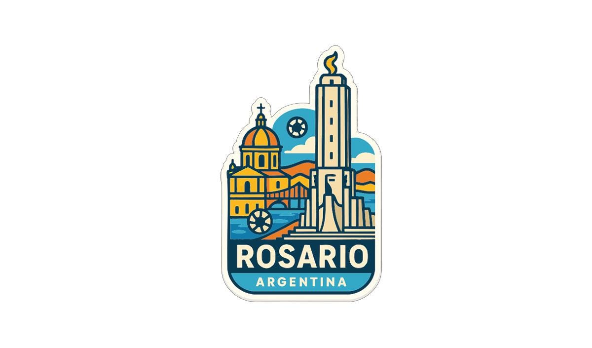 a colorful sticker or emblem with the name "ROSARIO ARGENTINA" prominently displayed.