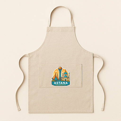A beige apricot with a graphic of a city skyline and the text "ASTANA" printed on it.