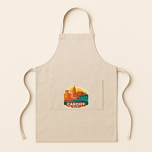 A beige apricot with a graphic of Cardiff, Wales, printed on it.