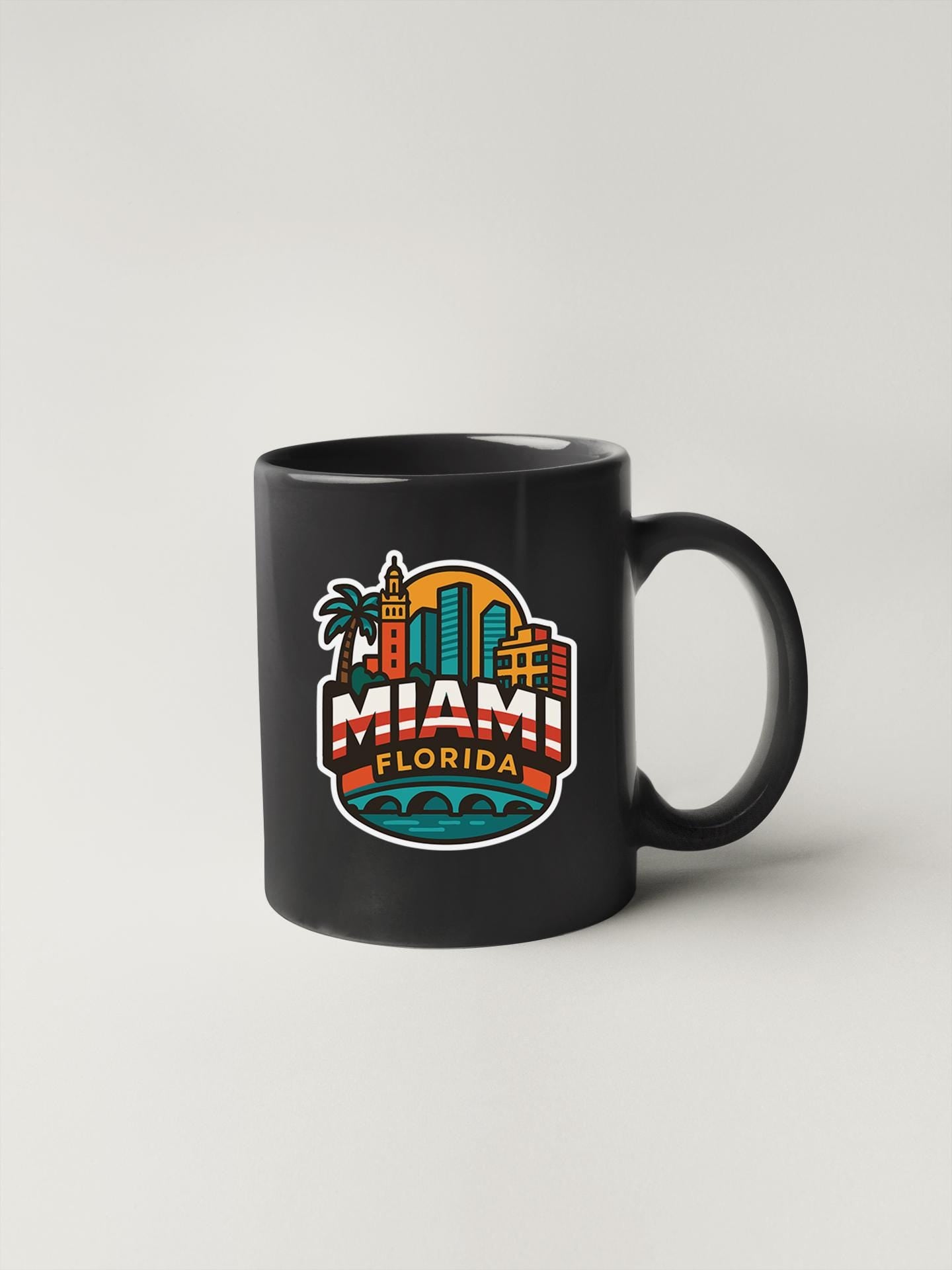 a black coffee mug with miami florida on it