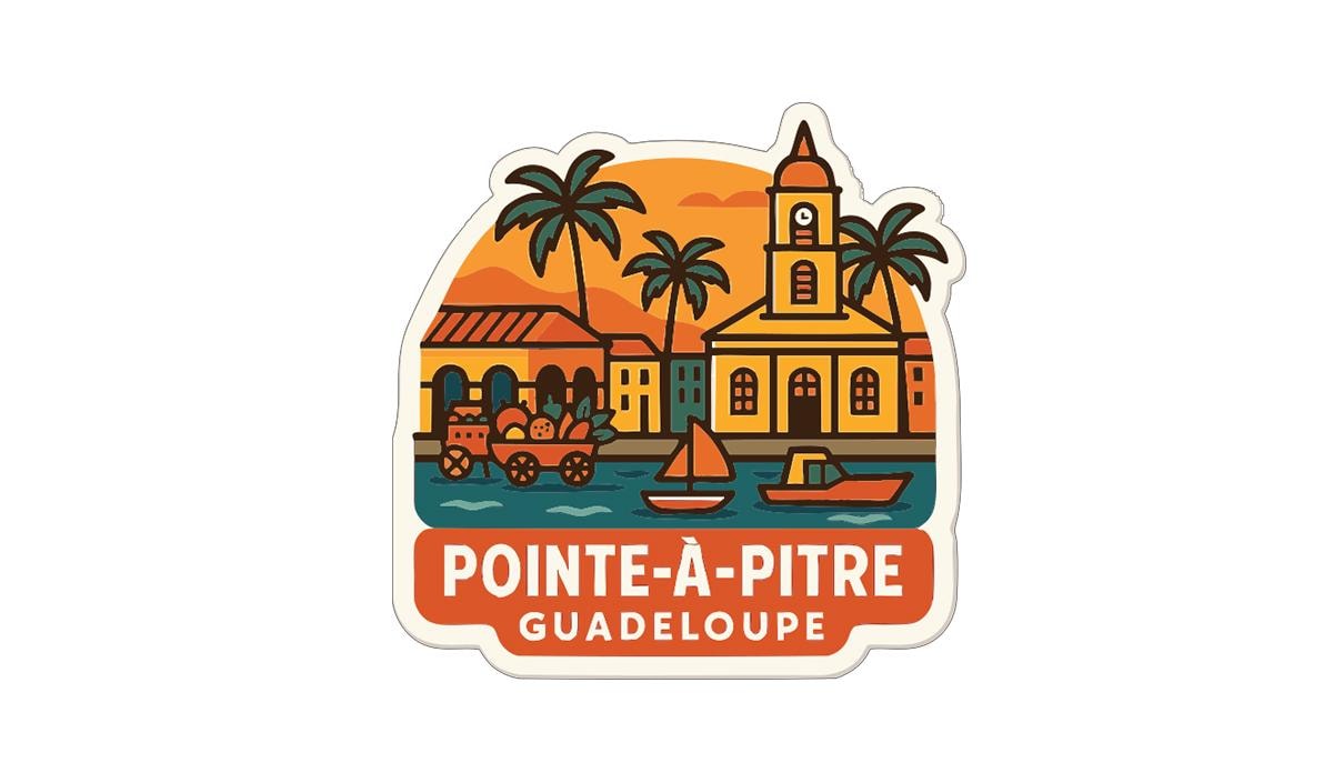 a sticker or emblem with a tropical scene depicting a church, palm trees, boats, and a sunset.