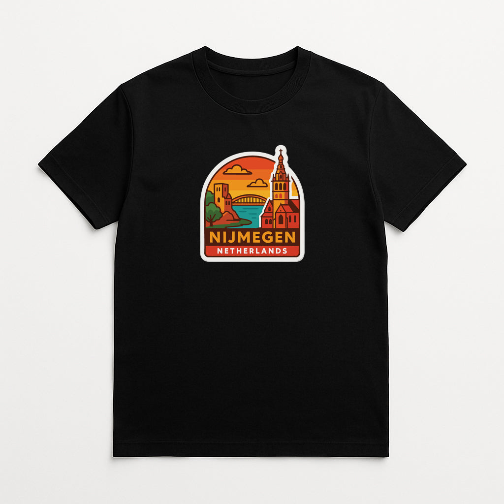 A black t-shirt with a graphic design depicting a cityscape and the text "Nijmegen Netherlands" printed on it.