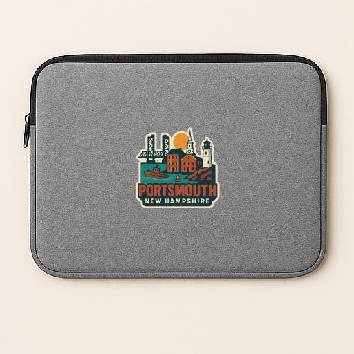 A gray laptop sleeve with a graphic design of the city of Portsmouth, New Hampshire, featuring a lighthouse, bridge, and buildings.